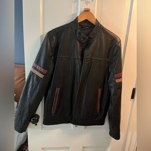 Black leather jacket with tan and burgundy stripes